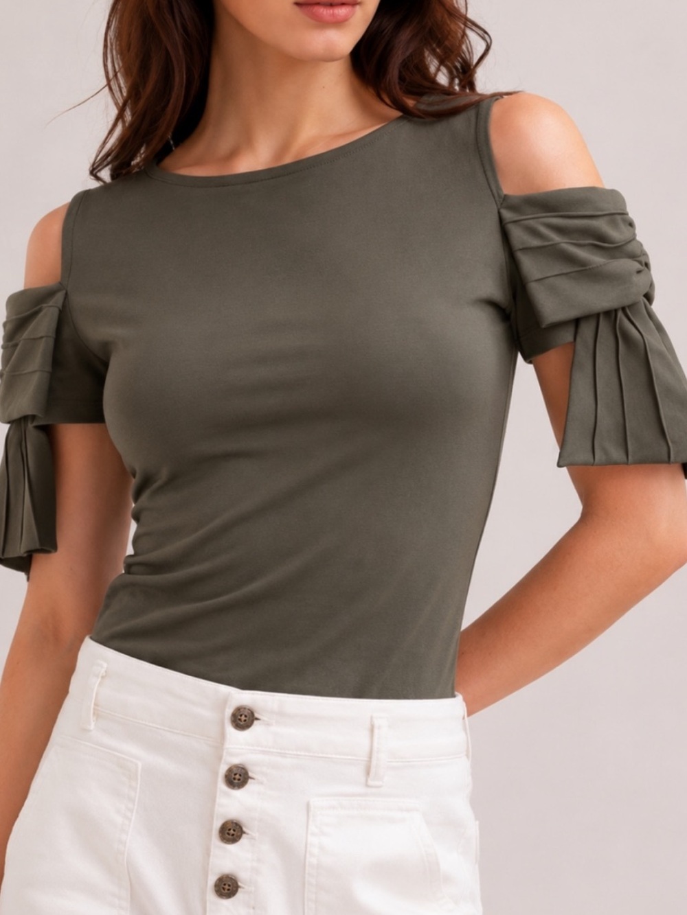 NWT Anne Fontaine Myrttle Jersey Cotton Cold Shoulder Top -Olive Green. Size 40